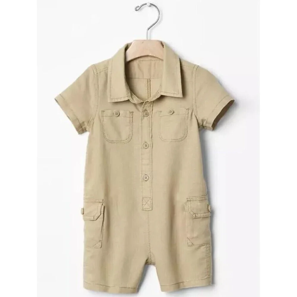 Baby Gap Boys Linen Cargo One-piece Overall for 0-3 Months Khaki Travel Casual